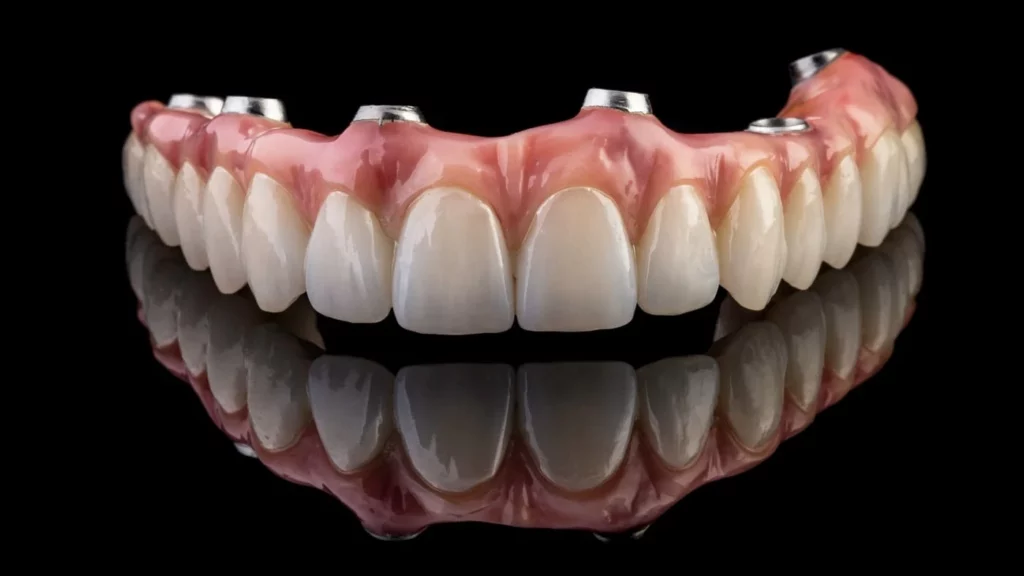 close-up of an all-on-6 dental implant bridge